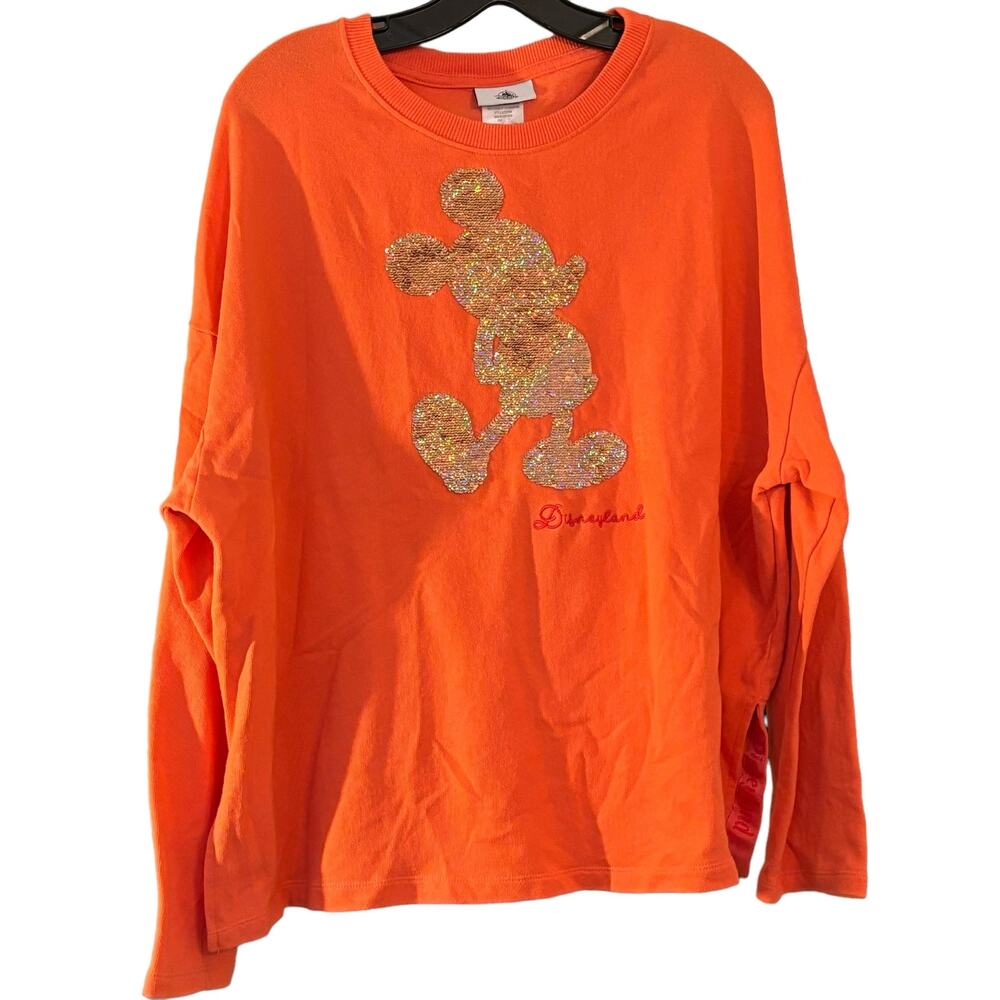 Disney Parks Mickey Mouse Women's L Sequin Sweatshirt Orange Gold Sparkle